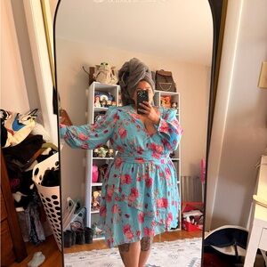 Plus Size Floral Wrap Dress in Light Blue with Pink Roses
